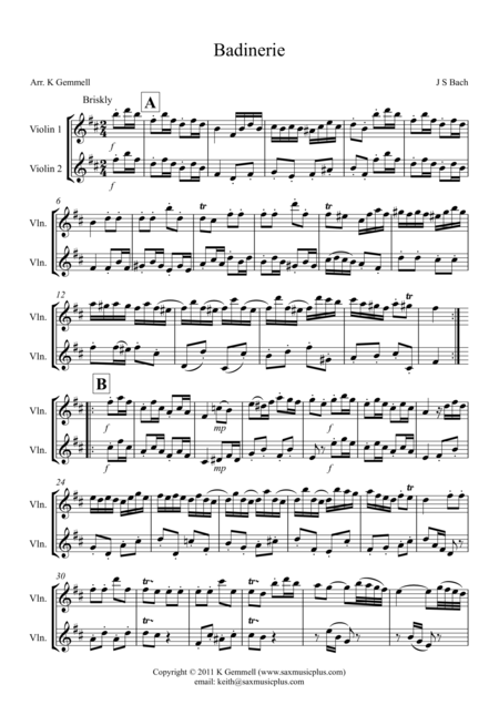 Free Sheet Music Badinerie Violin Duet