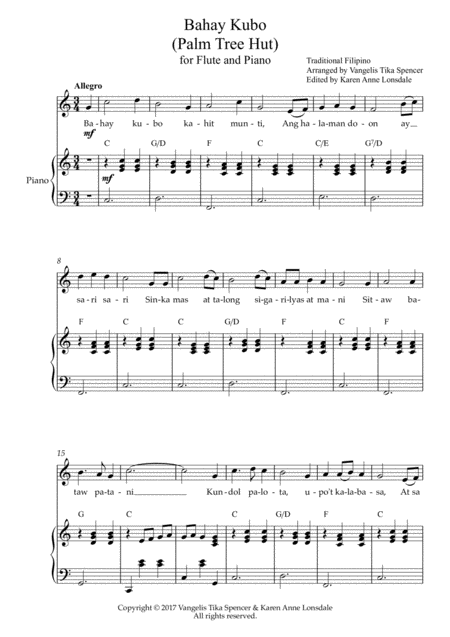 Free Sheet Music Bahay Kubo For Flute And Piano