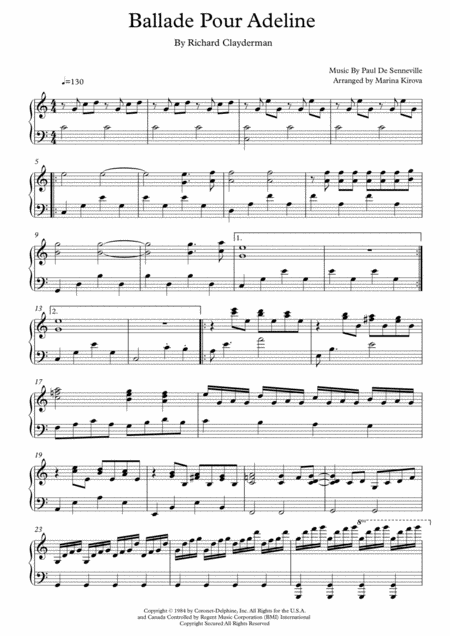 Ballade Pour Adeline Piano Easy To Read Format Sheet Music