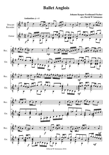 Free Sheet Music Ballet Anglois With Variations For Soprano Recorder And Guitar