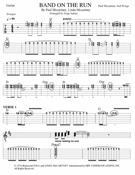 Free Sheet Music Band On The Run Guitar Tab W Synth Backing Vocals
