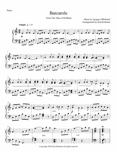 Free Sheet Music Barcarole From Tales Of Hoffman Arranged For Solo Piano C Major