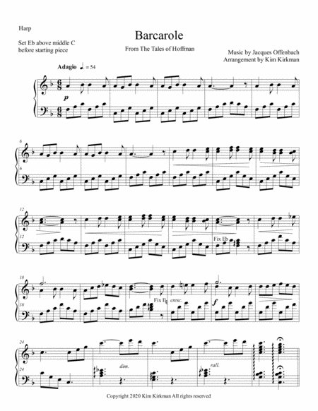 Free Sheet Music Barcarole From Tales Of Hoffman By Offenbach For Harp Solo