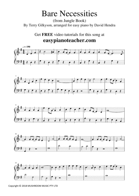 Bare Necessities From Jungle Book Very Easy Piano Sheet Music