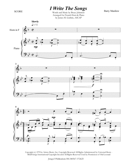 Barry Manilow I Write The Songs For French Horn Piano Sheet Music