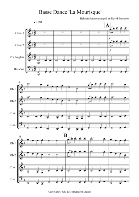 Basse Dance By Susato For Double Reed Quartet Sheet Music