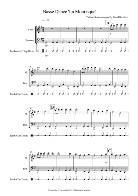 Free Sheet Music Basse Dance By Susato For Flute And Bassoon Duet