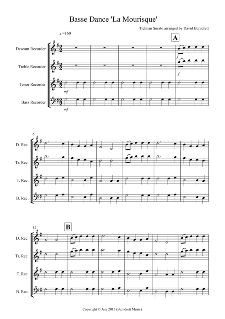 Basse Dance By Susato For Recorder Quartet Sheet Music