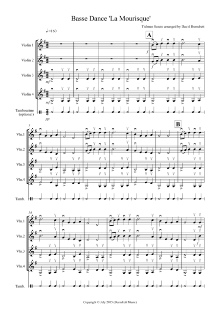 Basse Dance By Susato For Violin Quartet Sheet Music