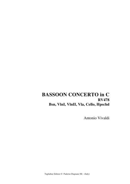 Bassoon Concerto In C Rv478 With Parts Sheet Music