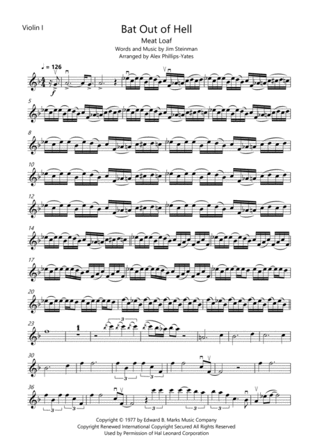 Bat Out Of Hell By Meat Loaf Full Song String Quartet Sheet Music