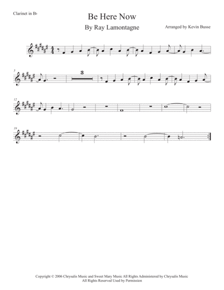 Be Here Now Clarinet Original Key Sheet Music