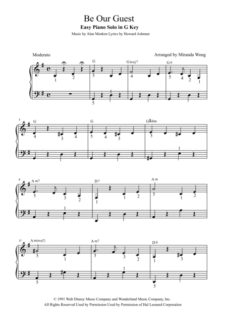 Be Our Guest Easy Piano Solo In G Key With Fingerings Sheet Music