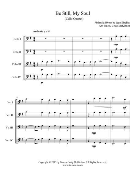 Be Still My Soul For Cello Quartet Sheet Music