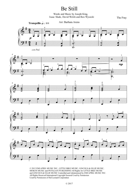 Be Still The Fray Easy Piano By Barbara Arens Sheet Music