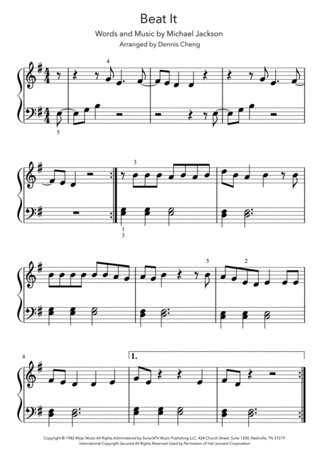 Free Sheet Music Beat It Michael Jackson Easy Piano Sheet Music