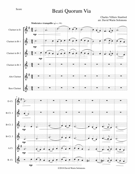 Beati Quorum Via For Clarinet Sextet Or Clarinet Choir E Flat 3 B Flats Alto Bass Sheet Music