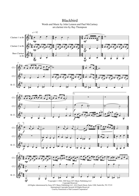 Free Sheet Music Beatles Blackbird Clarinet Trio