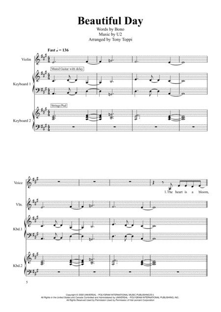 Free Sheet Music Beautiful Day Voice Violin 2 Keyboards Drums