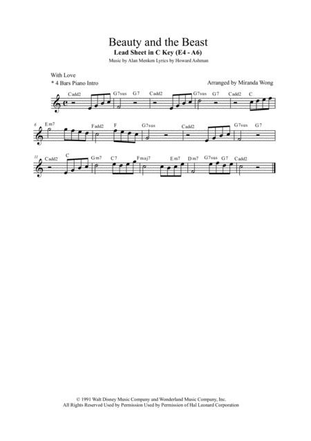 Beauty And The Beast Lead Sheet In C Key F Key Eb Key Sheet Music