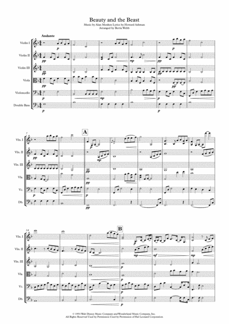 Beauty And The Beast String Orchestra Quartet Quintet Sextet Sheet Music