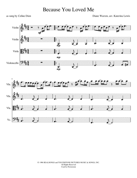 Because You Loved Me String Quartet Sheet Music