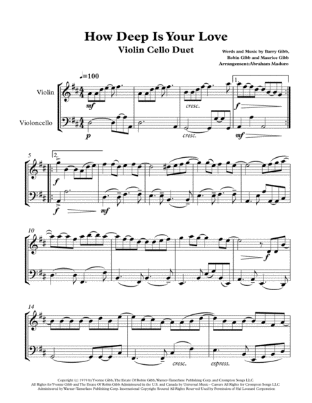 Free Sheet Music Bee Gees How Deep Is Your Love From Saturday Night Fever Violin Cello Duet