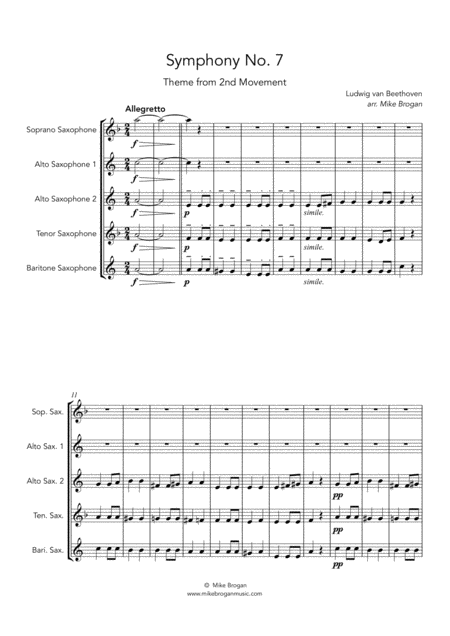 Beethoven 7th Symphony 2nd Mvt For Saatb Saxophone Quintet Sheet Music