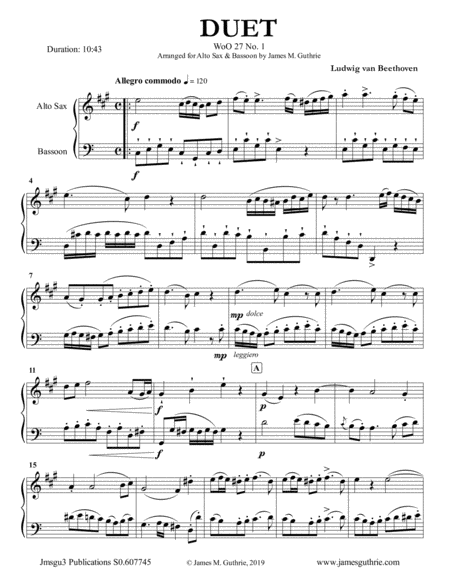 Beethoven Duet Woo 27 No 1 For Alto Sax Bassoon Sheet Music