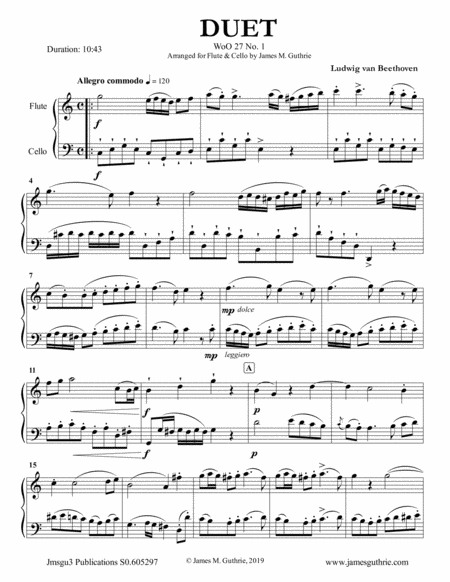 Beethoven Duet Woo 27 No 1 For Flute Cello Sheet Music