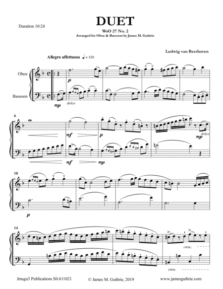 Beethoven Duet Woo 27 No 2 For Oboe Bassoon Sheet Music