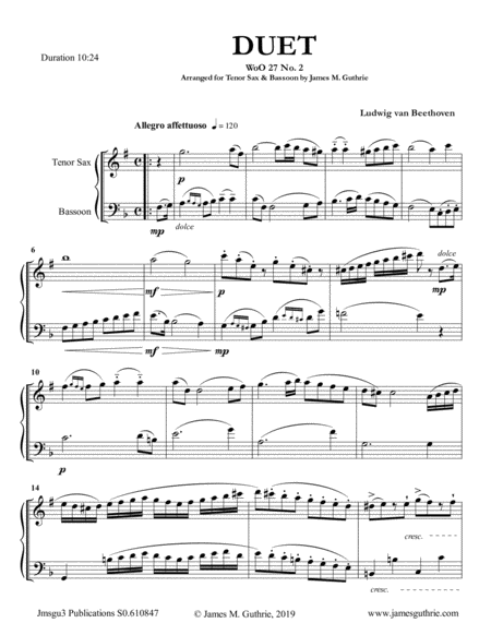 Beethoven Duet Woo 27 No 2 For Tenor Sax Bassoon Sheet Music