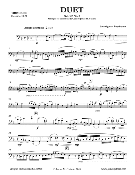 Beethoven Duet Woo 27 No 2 For Trombone Cello Sheet Music