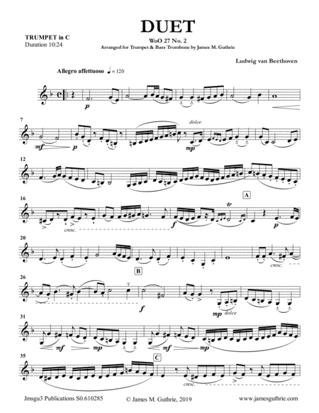 Beethoven Duet Woo 27 No 2 For Trumpet Bass Trombone Sheet Music