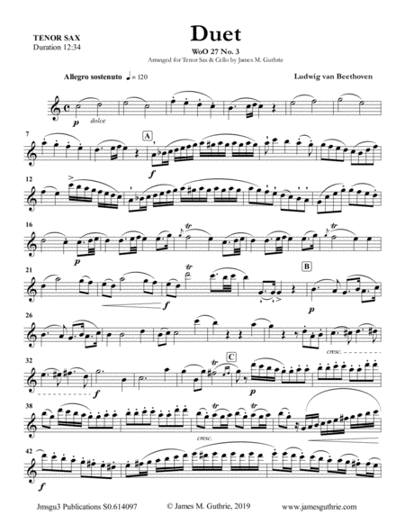 Beethoven Duet Woo 27 No 3 For Tenor Sax Cello Sheet Music