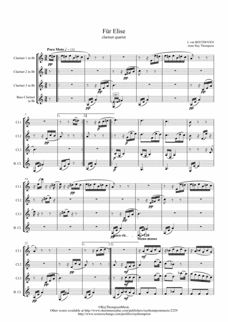 Beethoven Fr Elise For Elise Woo 59 Clarinet Quartet Sheet Music