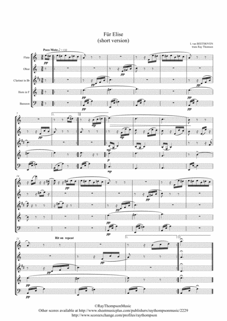 Beethoven Fr Elise For Elise Woo 59 Shorter Version Main Theme Only Wind Quintet Sheet Music