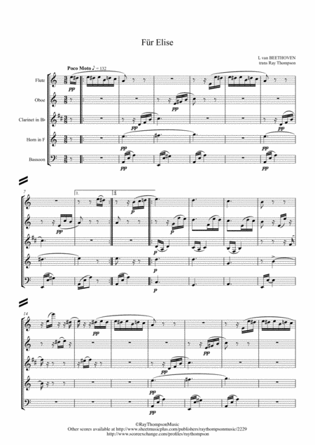 Beethoven Fr Elise For Elise Woo 59 Wind Quintet Sheet Music