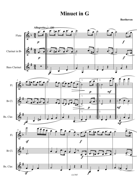 Free Sheet Music Beethoven Minuet In G Arr Flute Clarinet Bass Clarinet