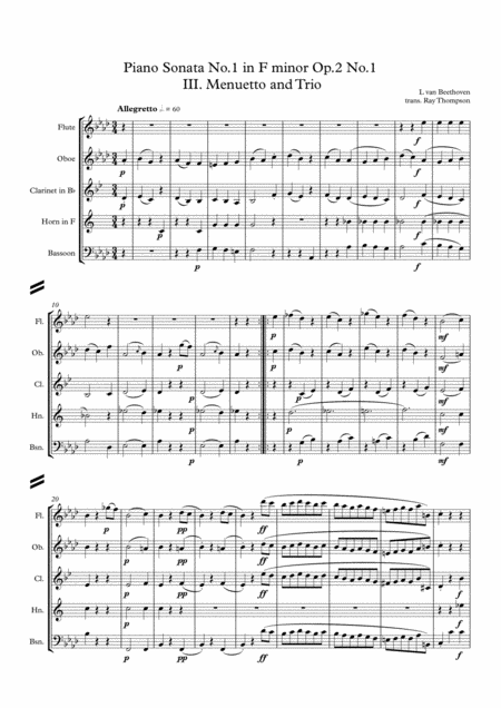 Beethoven Piano Sonata No 1 In F Minor Op 2 No 1 Mvt Iii Menuetto And Trio Wind Quintet Sheet Music