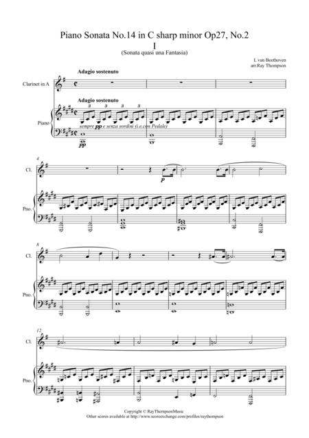 Free Sheet Music Beethoven Piano Sonata No 14 In C Sharp Minor Op 27 No 2 Moonlight Sonata Mvt I Clarinet And Piano