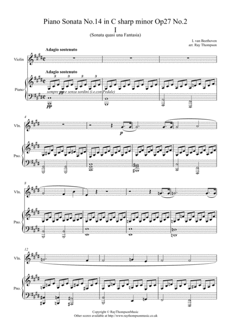 Free Sheet Music Beethoven Piano Sonata No 14 In C Sharp Minor Op 27 No 2 Moonlight Sonata Mvt I Violin And Piano