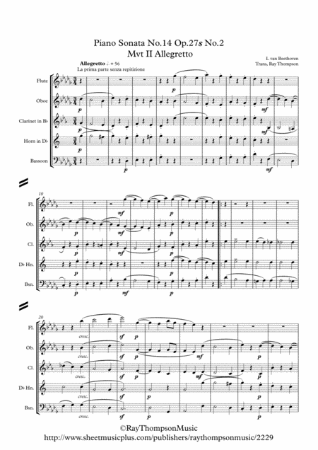 Free Sheet Music Beethoven Piano Sonata No 14 In C Sharp Minor Op 27 No 2 Moonlight Sonata Mvt Ii Allegretto Wind Quintet