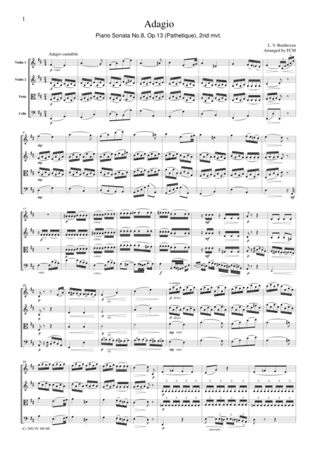 Beethoven Piano Sonata No 8 Op 13 Pathetique 2nd Mvt For String Quartet Cb007 Sheet Music