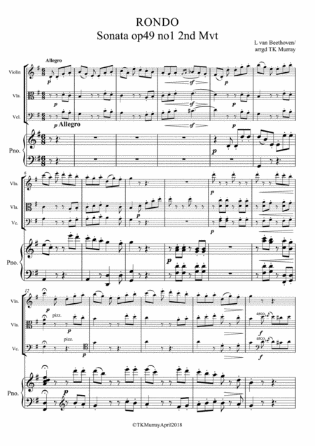 Beethoven Rondo Op 49 Piano Quartet Violin Viola Cello Piano Sheet Music