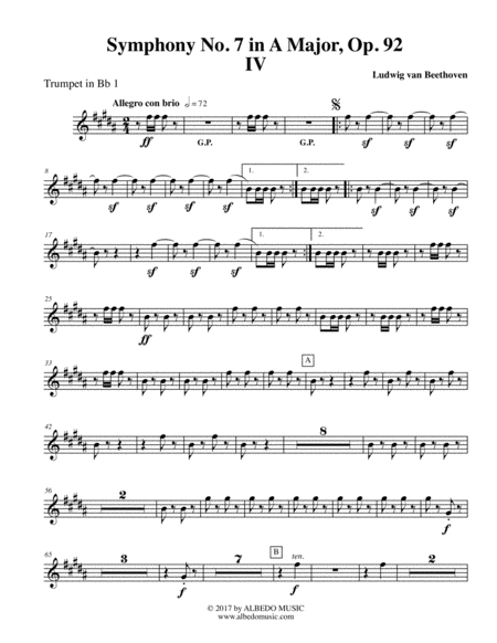 Free Sheet Music Beethoven Symphony No 7 Movement Iv Trumpet In Bb 1 Transposed Part Op 92