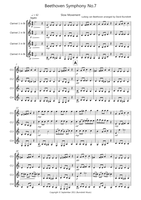 Beethoven Symphony No 7 Slow Movement For Clarinet Quartet Sheet Music