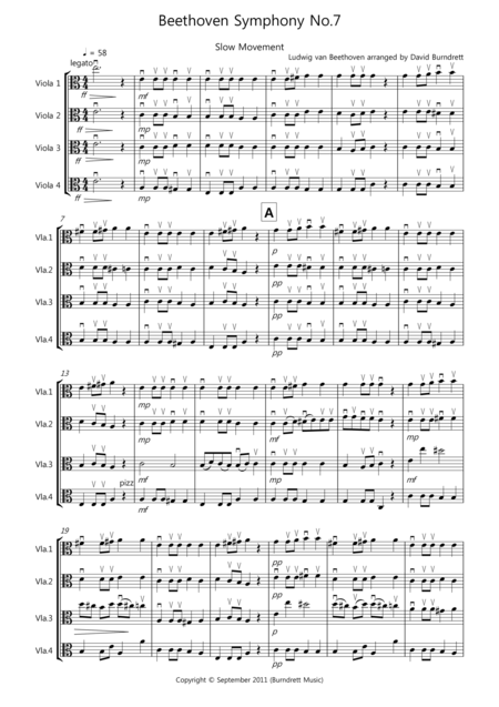 Beethoven Symphony No 7 Slow Movement For Viola Quartet Sheet Music