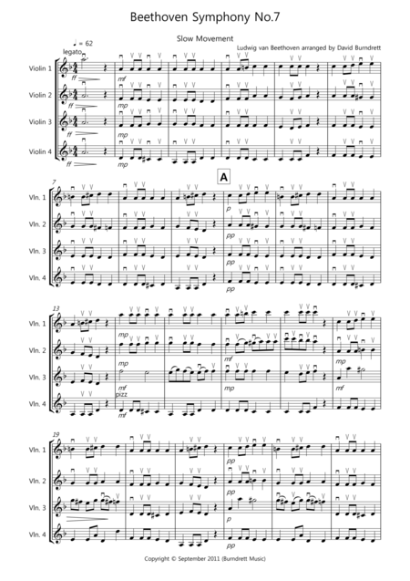 Beethoven Symphony No 7 Slow Movement For Violin Quartet Sheet Music