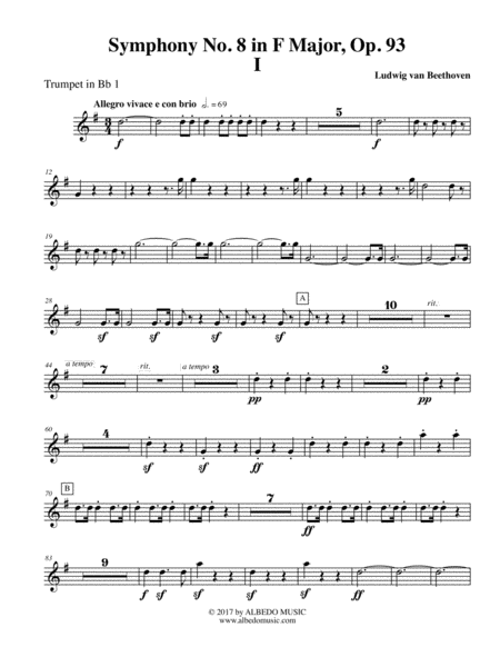 Free Sheet Music Beethoven Symphony No 8 Movement I Trumpet In Bb 1 Transposed Part Op 93